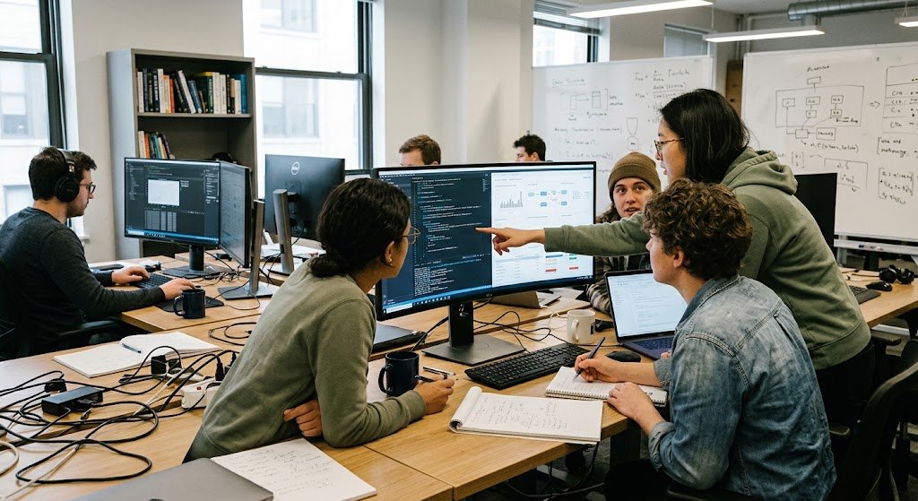 A software development team collaborates at a shared desk, analyzing code and data dashboards displayed on high-resolution computer monitors.