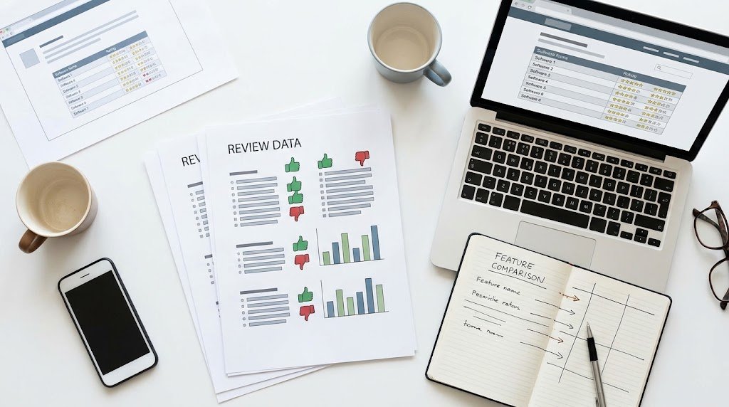 Top-down view of a modern workspace with a laptop, smartphone, coffee cup, and printed service scheduling software comparison reports featuring rating symbols and bar charts.