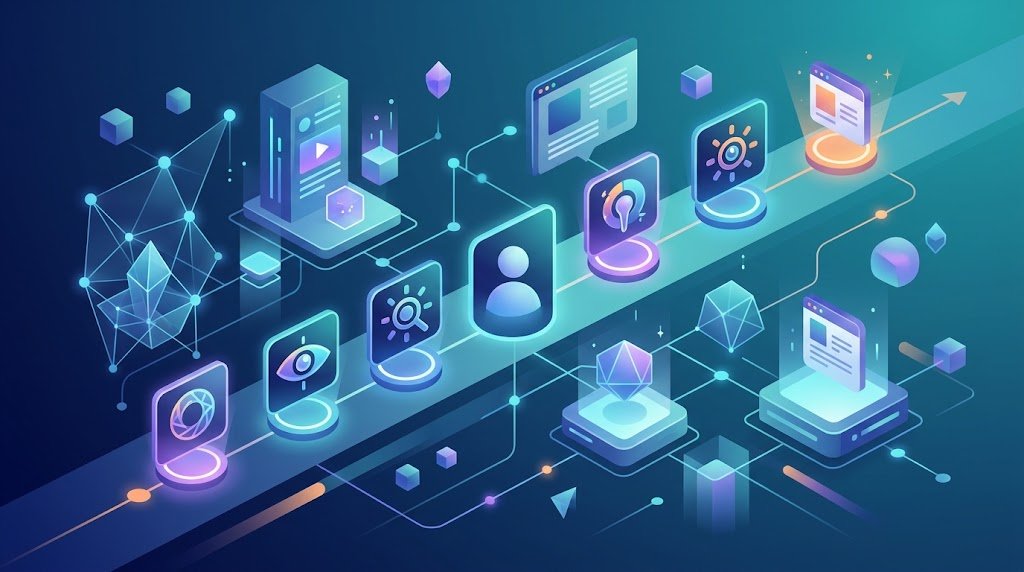 Futuristic 3D isometric illustration of digital analytics and search visibility tools on a glowing interconnected network.