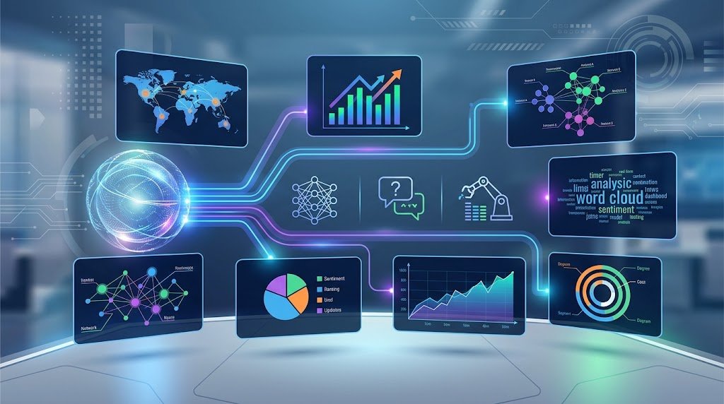 A futuristic dashboard displays 7 data analytics screens, network connections, and chat icons for AI brand monitoring.