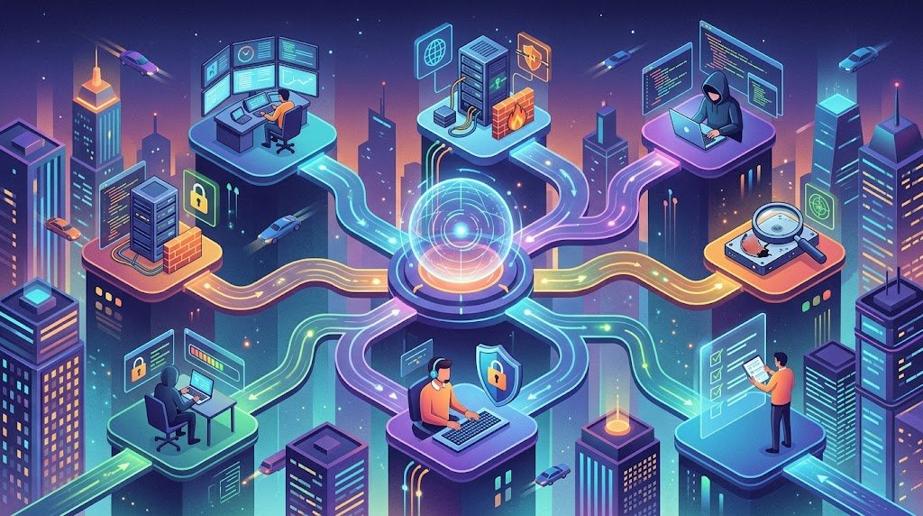 A digital cityscape illustration showing seven interconnected pathways representing entry-level cybersecurity job opportunities.