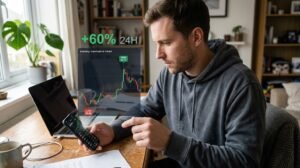 A man analyzes an intraday candlestick chart on his phone showing price fluctuations for a top cryptocurrency gainer.