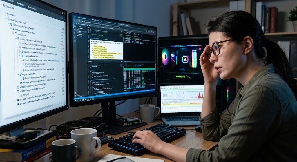 A stressed cyber analyst reviews complex system logs on her monitor, investigating a potential security breach.