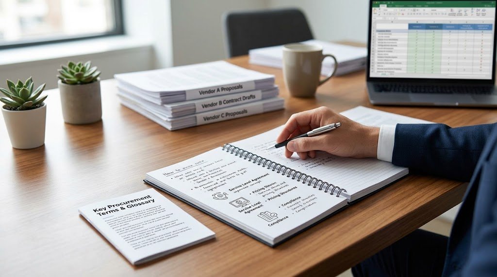A business professional review a key procurement terms glossary at a desk before comparing stacked vendor proposals.