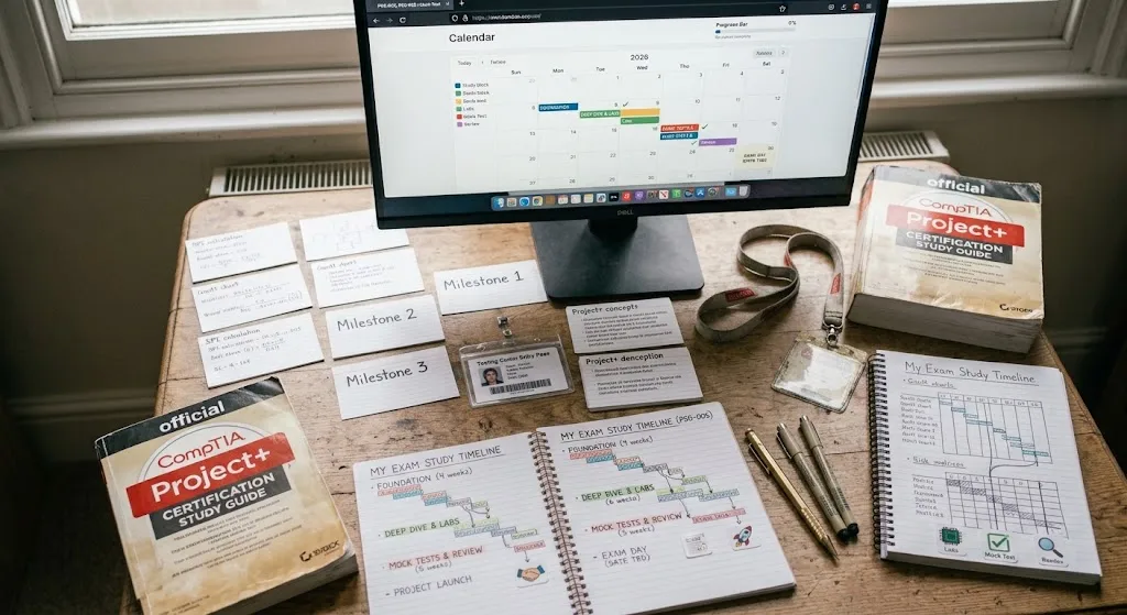 A top-down view of an organized desk setup featuring study schedule notebooks, milestone notes, and a digital calendar displaying a study timeline.
