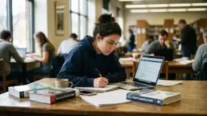 A young student concentrates on studying for entry-level IT certifications using a laptop and textbooks in a library.