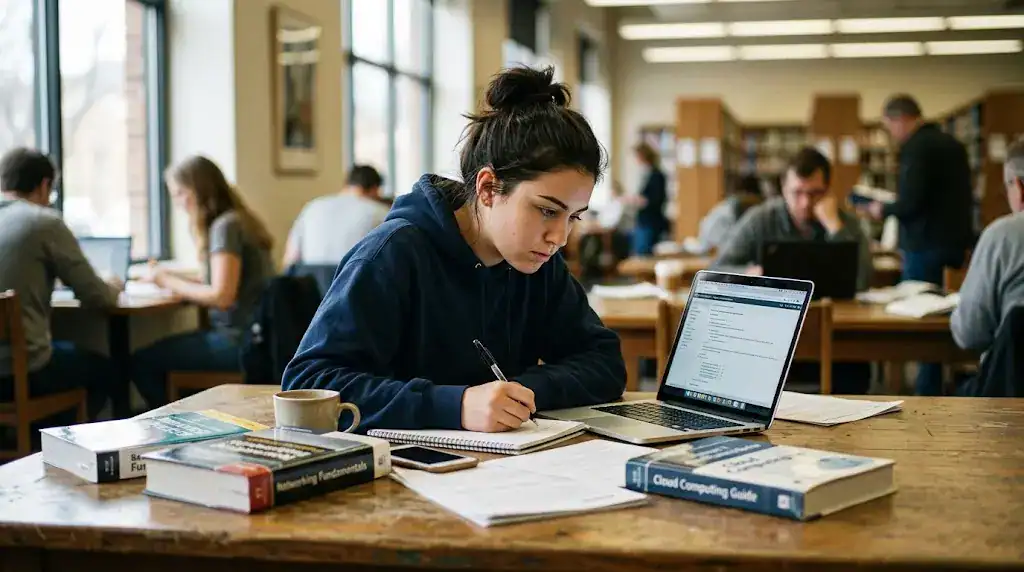 A young student concentrates on studying for entry-level IT certifications using a laptop and textbooks in a library.