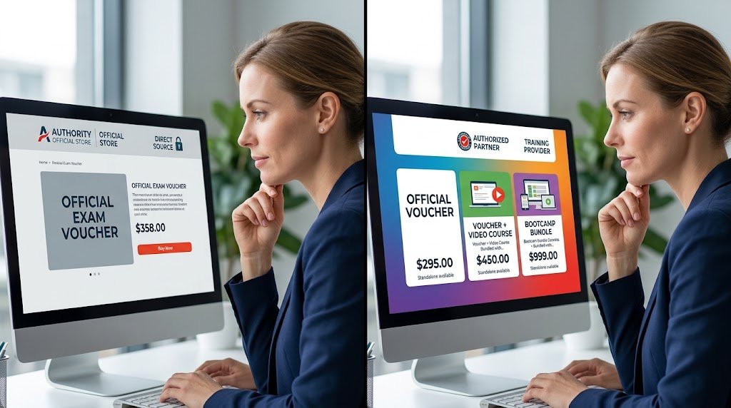 A professional comparing exam voucher offers on a computer screen between a direct store and training partner bundles.