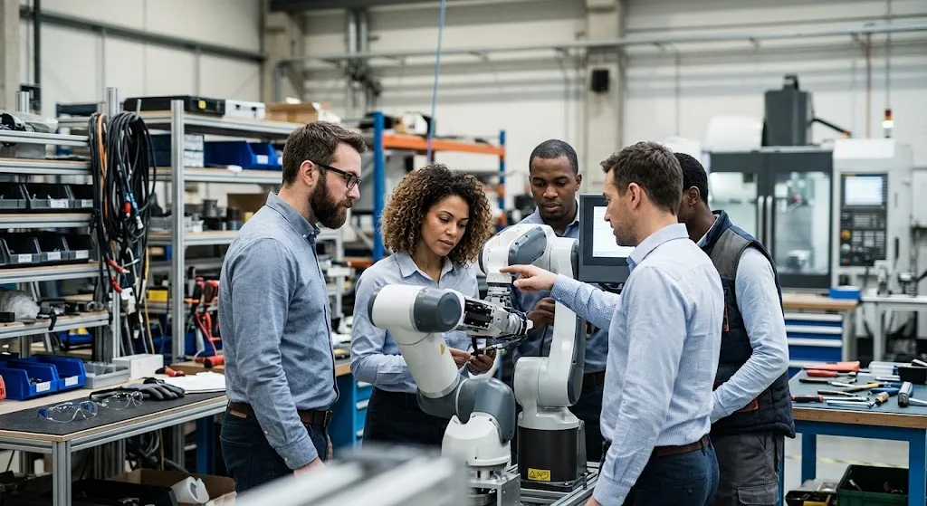 A team of engineers and investors evaluate an AI-powered robotic arm inside a hardware startup facility.