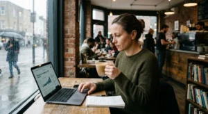 A person holding a coffee cup while reading climate tech funding news on a laptop near a rain-streaked cafe window.