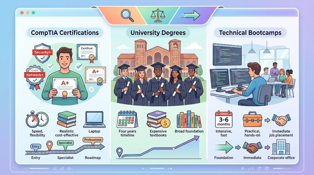 An infographic-style illustration comparing three IT career pathways: CompTIA certifications represented by a tech professional holding a certificate with security icons, university degrees represented by graduates in caps and gowns in front of a campus building, and technical bootcamps showing students working collaboratively at computer monitors.