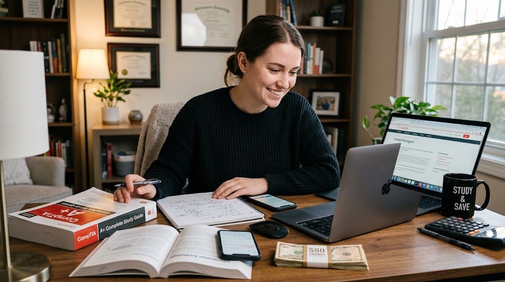 A smiling student studying at a desk with laptop, books, calculator, and cash savings for certification.