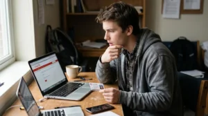 A college student sits at a wooden desk in a dorm room holding a student ID card while looking at a laptop display showing the CompTIA academic store page.