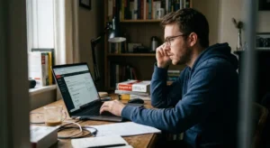 A focused student wearing glasses sits at a cluttered home desk reviewing CompTIA CertMaster study materials on a laptop next to a cup of coffee.