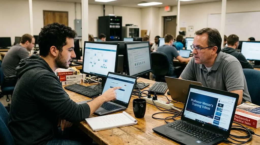 Two IT students sit at a desk in a classroom, comparing CompTIA CertMaster study modules on one laptop screen with Professor Messer training videos on another.