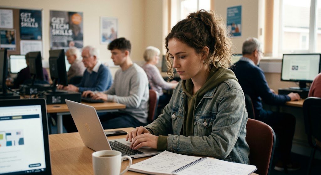 A diverse group of people learns computer skills in a public lab setting.