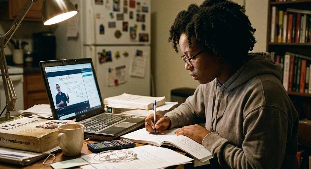 A young woman studies at a lamp-lit desk with a laptop open to a 'CompTIA Tech+' video and a 'CompTIA IT Fundamentals' book nearby.