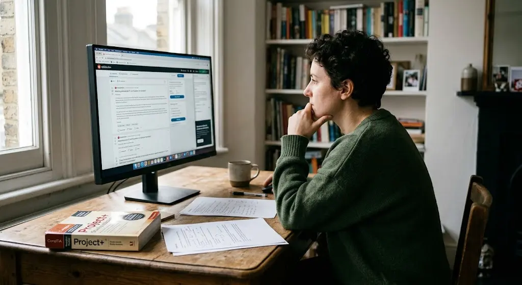 A person sits at a wooden desk thoughtfully reviewing materials on a computer screen while studying for the CompTIA Project+ certification.