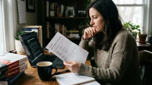 A person sitting at a cozy wooden desk, reviewing printed confirmation documents alongside a laptop and study guides for their CompTIA Security+ exam voucher.