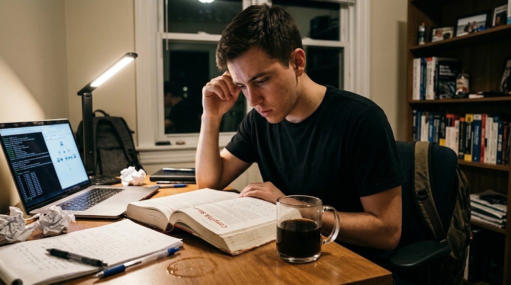 A young man studying late at night at a wooden desk, focused on an open textbook with a laptop, a mug of coffee, and crumpled paper nearby.