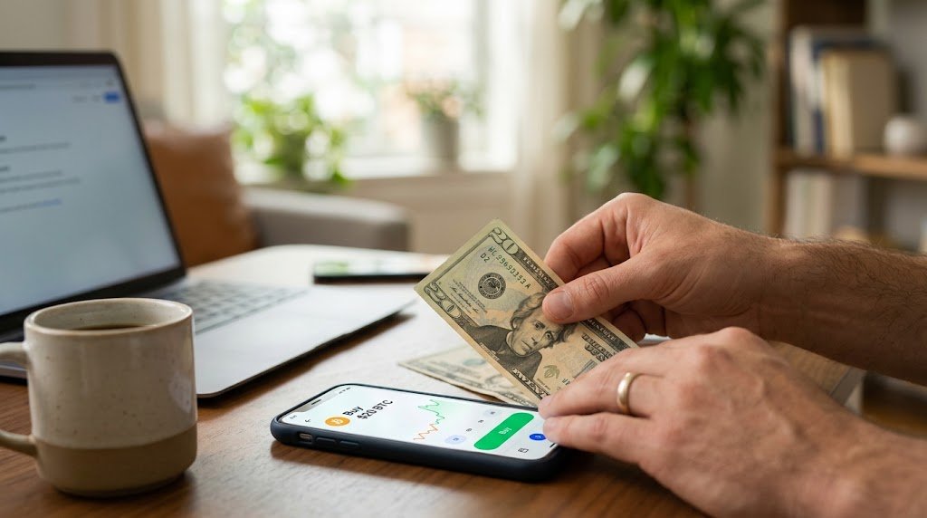 A person holding a 20 dollar bill next to a smartphone showing a cryptocurrency trading app.