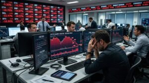 Distressed traders in a busy financial office reacting to crashing cryptocurrency graphs with large screens showing heavy red losses in February 2026.