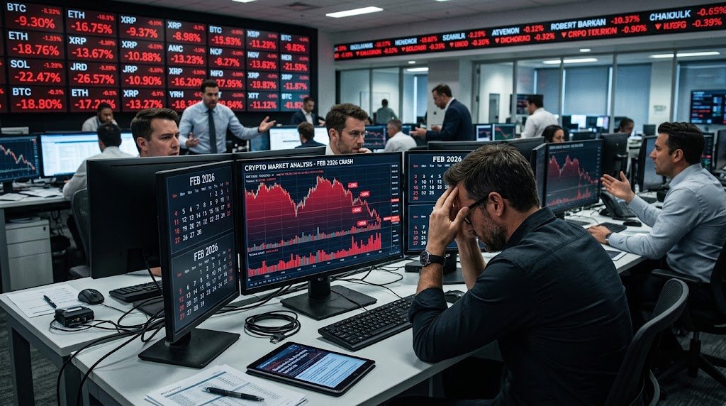 Distressed traders in a busy financial office reacting to crashing cryptocurrency graphs with large screens showing heavy red losses in February 2026.