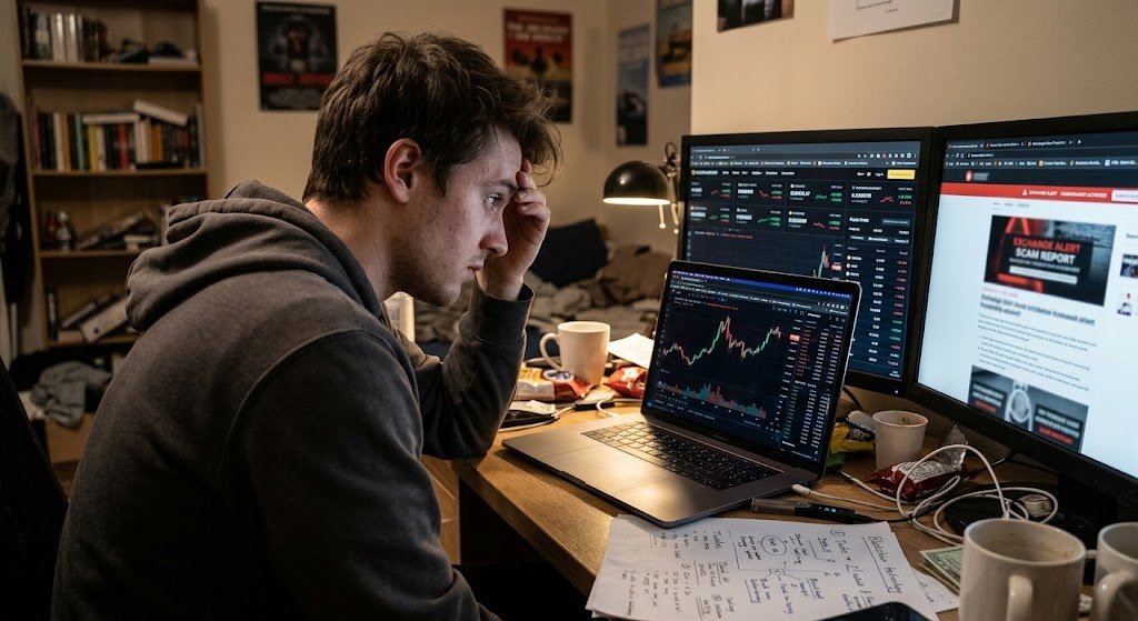 A candid photo shows a man deeply focused on graphs and charts displayed on multiple monitors while working at his cluttered desk.
