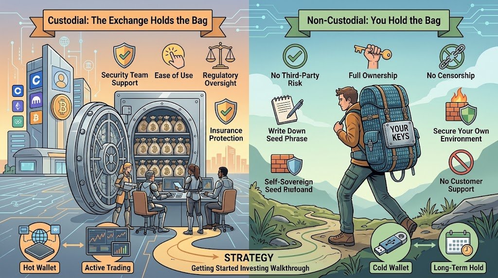 Split illustration contrasting custodial and non-custodial crypto wallets. On the left, a central exchange bank vault storing funds with a security team. On the right, an individual holding a key and backpack labeled "Your Keys," symbolizing self-custory.