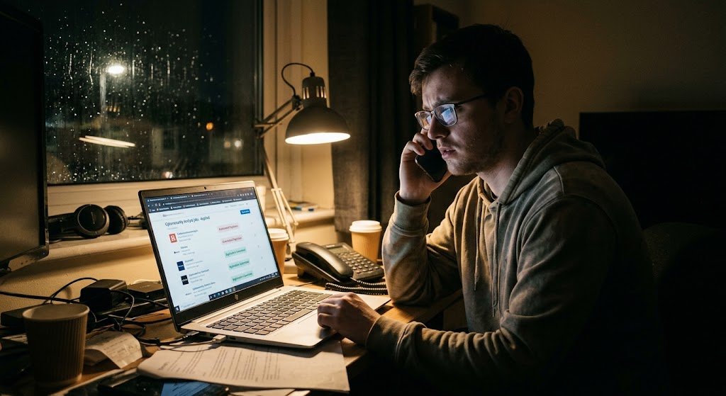 A young applicant reviews online cybersecurity analyst jobs late at night at a desk cluttered with textbooks and tech notes.