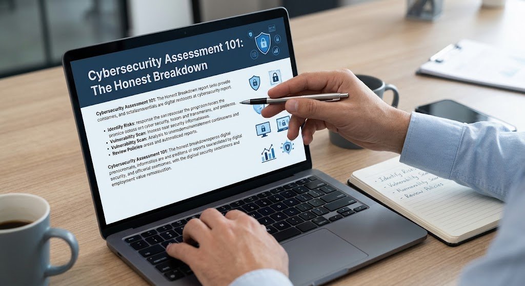 A professional sitting at a wooden desk with a laptop displaying 'Cybersecurity Assessment 101: The Honest Breakdown' report with bullet points and security icons, holding a pen and taking notes.