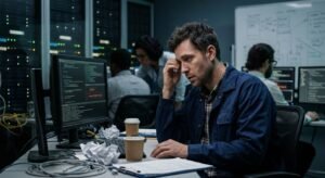 An exhausted IT manager sits at his desk in a dimly lit server room during a network breach.