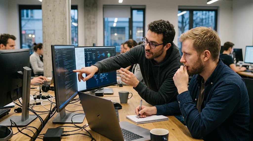Two software consultants in an office setting reviewing lines of code together.