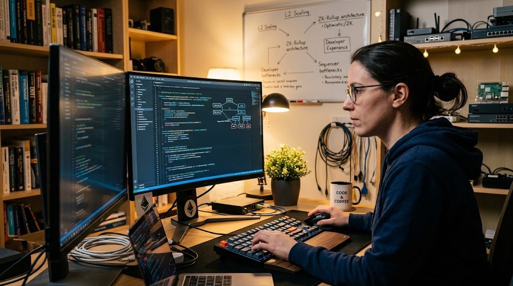 A developer focused at a dual-monitor workstation writing code, with a layer-2 scaling whiteboard diagram behind.