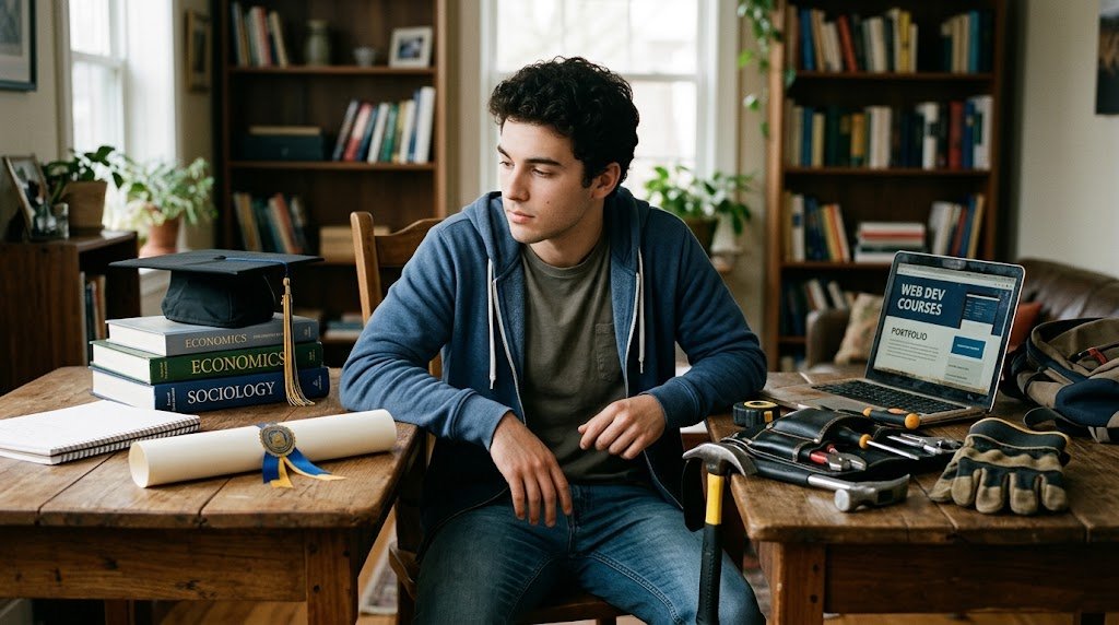 Young man in denim sits between a graduation cap and toolbox, looking thoughtful and unsure.