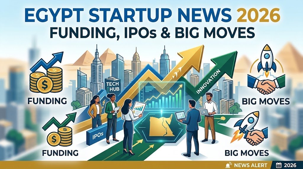 Illustration for Egypt Startup News 2026 showing modern tech professionals, growth charts, funding icons, and Egyptian cityscapes.
