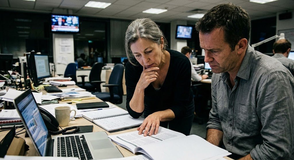 Two focused investigative journalists review printed reports and laptops at a cluttered newsroom desk.