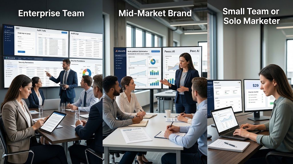 A three-panel image comparing marketing tools for an Enterprise Team, Mid-Market Brand, and a Small Team.