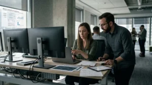 A large, modern open-plan office features a diverse group of colleagues collaborating and working. evaluate the cybersecurity company living security on ai safety tools