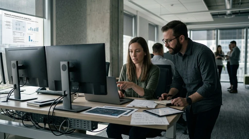 A large, modern open-plan office features a diverse group of colleagues collaborating and working. evaluate the cybersecurity company living security on ai safety tools