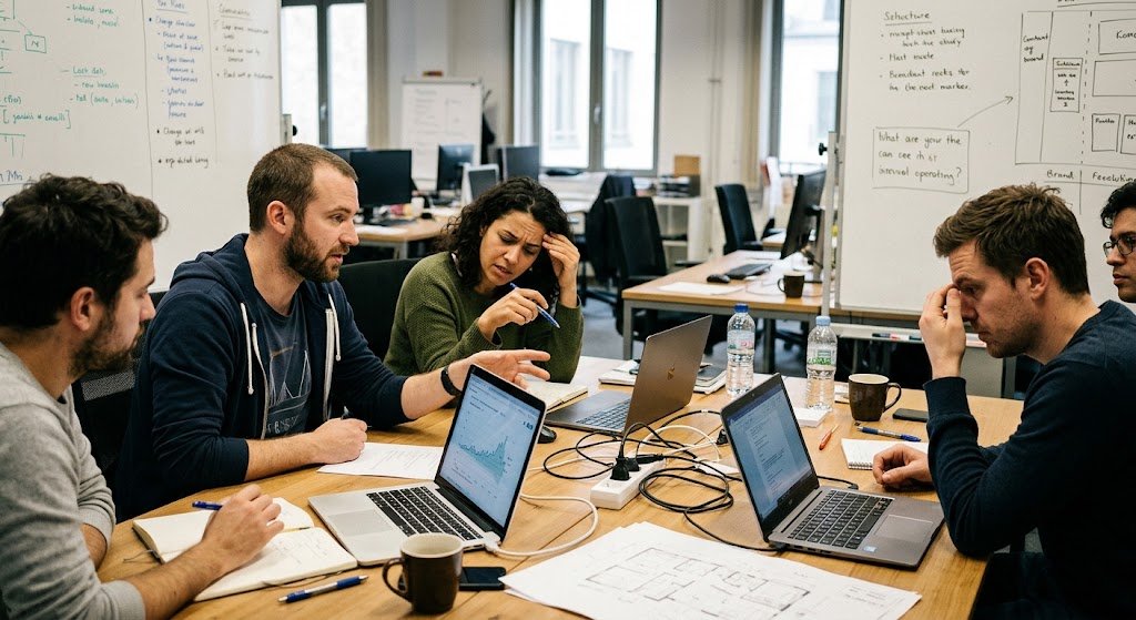 A team of colleagues sits around a cluttered office desk discussing data on their laptops to evaluate the FeedBuzzard Organization Cloud Solution.