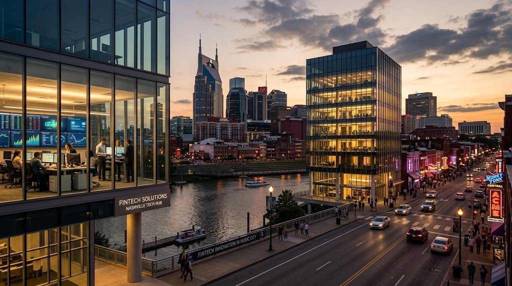 A modern glass office building displaying financial data on screens stands prominently next to Nashville's iconic cityscape and neon lights at dusk.