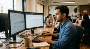 A man in an office analyzing an SEO dashboard that displays "Free AI Overviews Rank Tracking Tools.