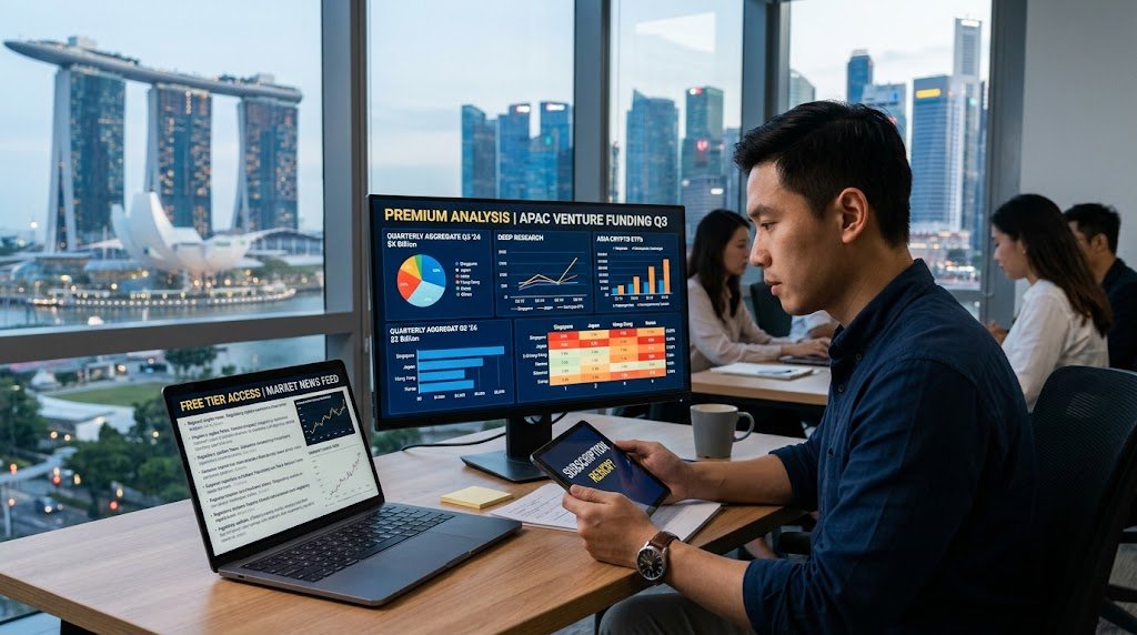 Asian financial analyst comparing surface-level news feeds on a laptop with deep venture funding analytics on a desktop monitor in a modern Singapore office.