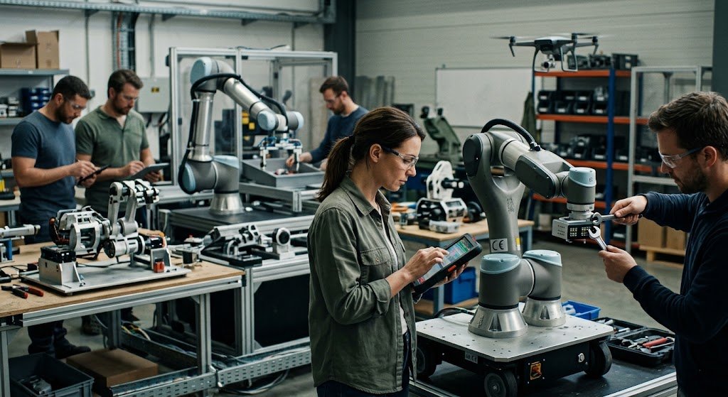 Engineers collaborate in a bustling hardware laboratory while adjusting and testing industrial robotics equipment on workstations.