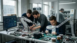 A candid photograph of three engineers collaborating in a well-equipped electronics laboratory to develop and assemble a functional robotic arm prototype.