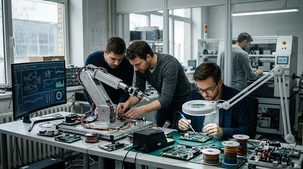A candid photograph of three engineers collaborating in a well-equipped electronics laboratory to develop and assemble a functional robotic arm prototype.