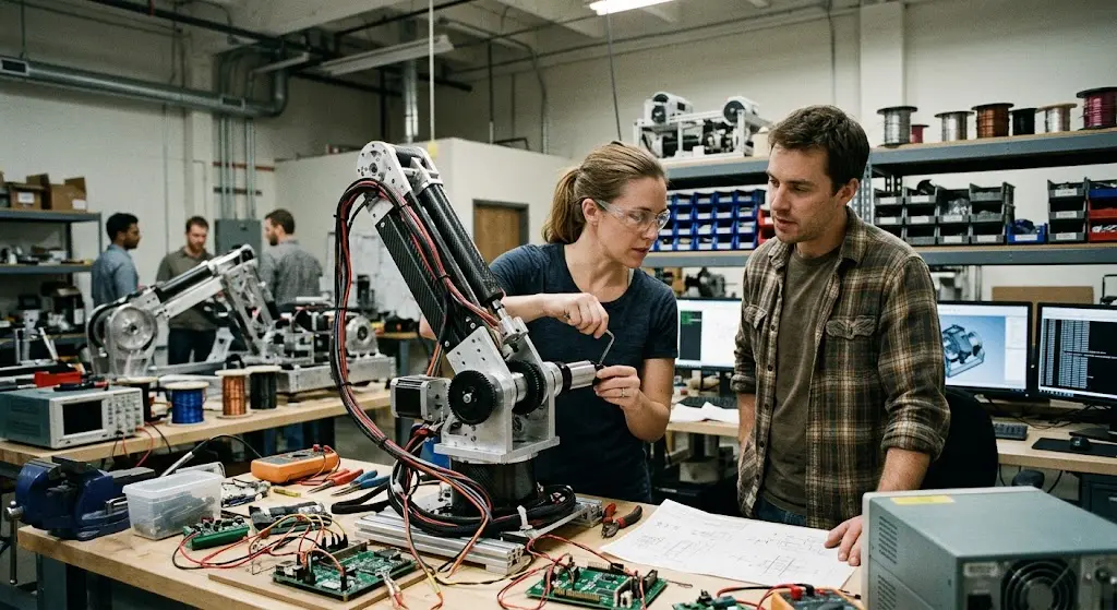 A man and woman working on a robotic arm in a robotics lab.