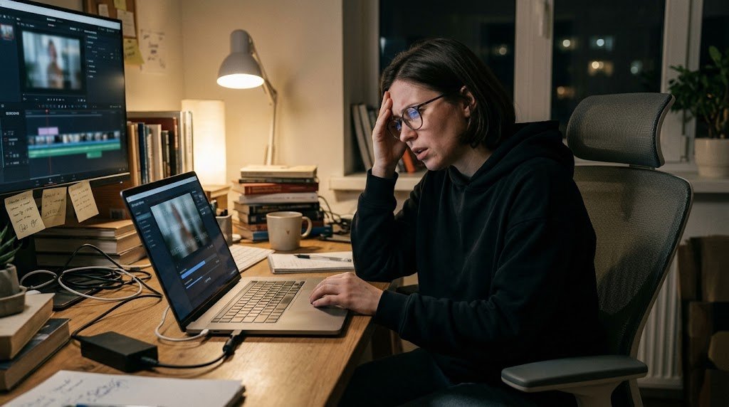 A stressed-out video editor in a dark home office struggles to create free AI text to video tools no watermark in 2026.