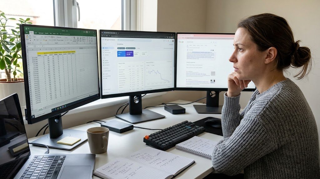 An SEO specialist sitting at a desk studying search metrics and google AI overview tracking tools data across multiple monitors.